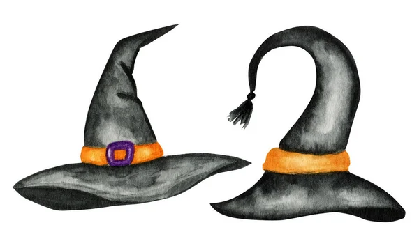 Conjunto de sombrero de bruja de Halloween. Gorra maga acuarela negra con cinturón naranja. Símbolo de la fiesta de Halloween Ilustración aislada sobre fondo blanco — Foto de Stock