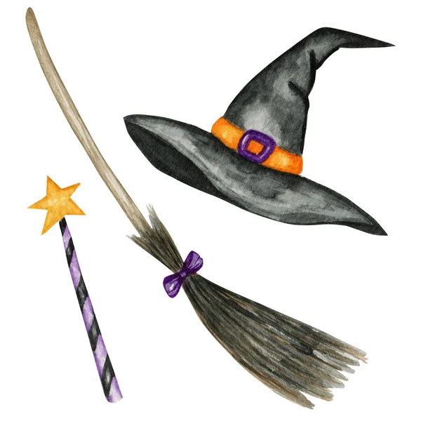 Halloween heksenhoed, bezem, toverstaf set. Aquarel zwarte tovenaar kostuum cap met oranje riem. Symbool van Halloween feest Geïsoleerde illustratie op witte achtergrond — Stockfoto