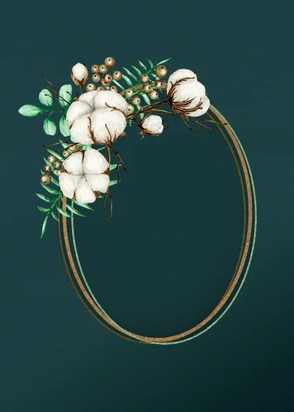 水彩綿の花ゴールドフレーム。植物手描きエコ結婚式のカードイラスト。綿の花はビンテージスタイルでボールを芽。緑の葉植物のボール自然ライフスタイルの境界線コピースペース — ストック写真