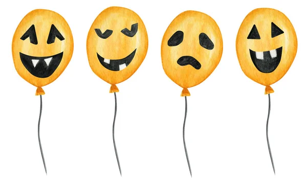 Acuarela espeluznante globos de Halloween con caras de miedo, para la fiesta Ilustración aislada sobre fondo blanco. Feliz globo de vuelo de aire de vacaciones naranja — Foto de Stock