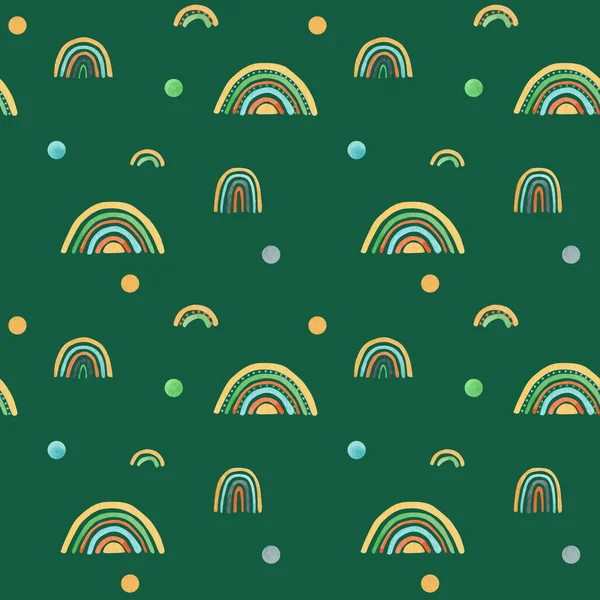 Akvarell plantskola regndocka sömlöst mönster. Skandinaviska stil handmålade regnbågar bakgrund. Baby dusch pojke flicka regnbåge klippbok papper. Barn tyg design illustration i trendiga ljusa färger. — Stockfoto