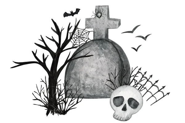 Fête de vacances d'Halloween Composition avec crâne, chauve-souris, araignée, décorations de fête. Aquarelle Illustration de dessin animé isolé sur fond blanc. Halloween cimetière effrayant. — Photo