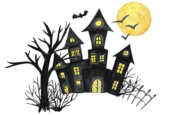 Halloween holiday Castel, bat, moon, tree. Party card decorations design. Watercolor Cartoon illustration isolated on white background. Halloween spooky night house.