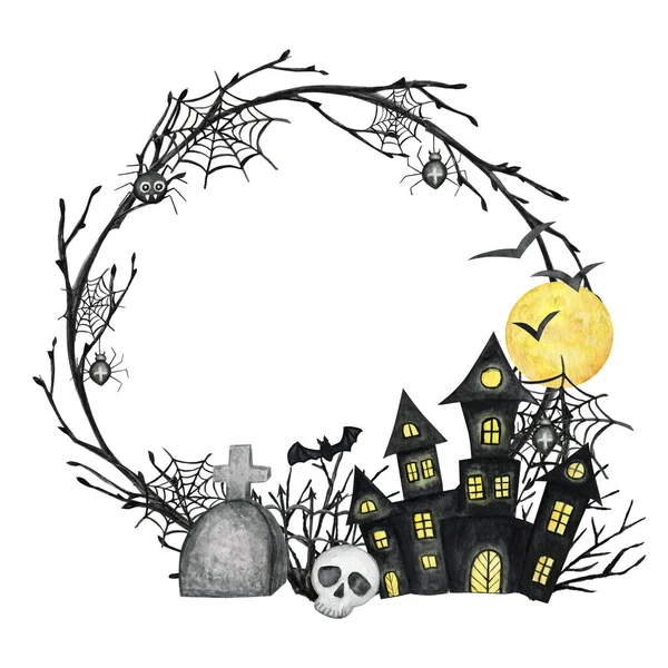 Festa de feriado de Halloween Moldura com castelo, crânio, morcego, aranha, lua. Watercolor Desenhos animados ilustração isolada em fundo branco com espaço de cópia para texto. Cemitério assustador de Halloween . — Fotografia de Stock