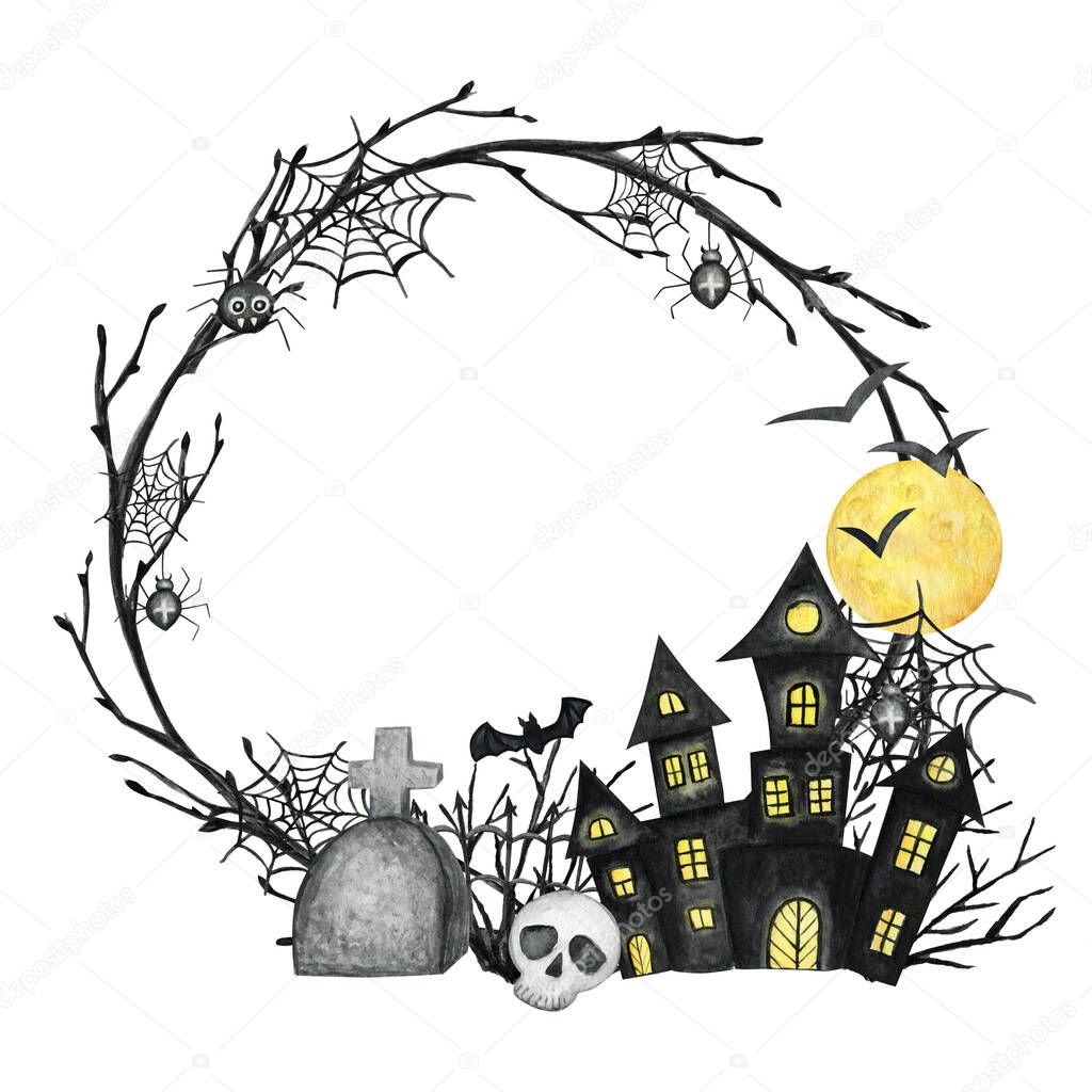 Halloween holiday party Frame with Castle, skull, bat, spider, moon. Watercolor Cartoon illustration isolated on white background with copy space for text. Halloween spooky cemetery.