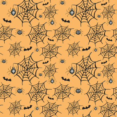 Cadılar Bayramı partisinde yarasa, örümcek ve ağ desenleri vardı. Kumaş, albüm, turuncu arkaplan üzerine kağıt tasarımı için suluboya çizim. Cadılar Bayramı 'nın ürkütücü dokusu.