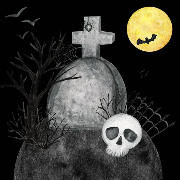 Fête de vacances d'Halloween Composition avec crâne, chauve-souris, araignée, décorations de fête. Aquarelle Illustration de dessin animé isolé sur fond noir. Halloween cimetière effrayant. — Photo