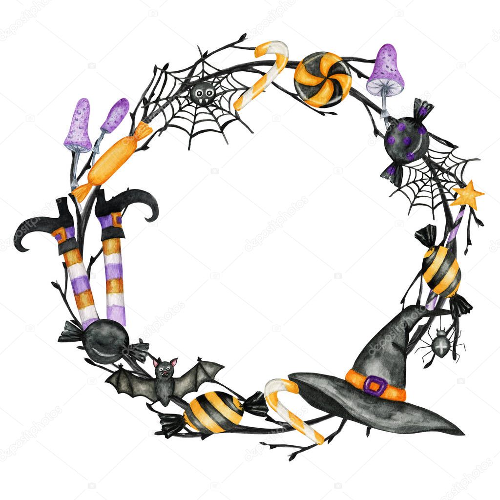 Happy Halloween holiday party Frame with wich hat, bat, spider, candy sweets party decorations. Watercolor Cartoon illustration isolated on white background. Halloween spooky cemetery.