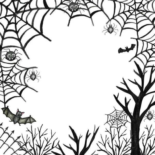 Šťastný Halloween dovolená párty Rámeček s pálkou, pavouk, web, stromy party dekorace. Ohraničení akvarelu Kreslený obrázek na bílém pozadí. Halloween strašidelný hřbitov. — Stock fotografie