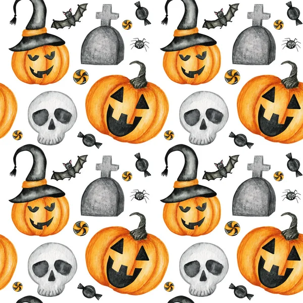 Happy Halloween seamless pattern with Jack O Lantern Pumpkins, skull, bat, spider holiday party decorations. Акварель Мультфильм фоновая иллюстрация. Жуткая бумага для Хэллоуинского кладбища. — стоковое фото
