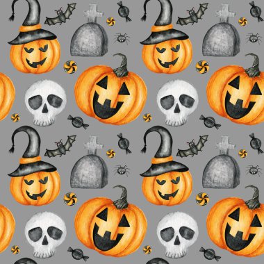 Jack O Lantern 'in balkabakları, kafatası, yarasa, örümcek bayramı süslemeleriyle Cadılar Bayramı' nız kutlu olsun. Suluboya karikatür arkaplan çizimi. Cadılar Bayramı 'nın ürkütücü mezarlık albümü.