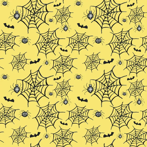 Halloween holiday party Seamless Pattern with bat, spider, web. Watercolor Cartoon illustration for fabric, scrapbook, paper design on yellow background. Halloween spooky texture.