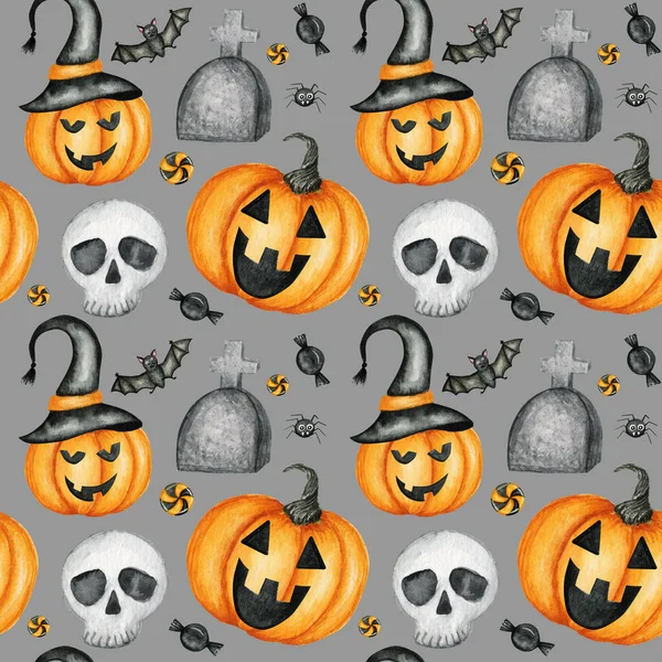 Happy Halloween seamless pattern with Jack O Lantern Pumpkins, skull, bat, spider holiday party decorations. Акварель Мультфильм фоновая иллюстрация. Жуткая бумага для Хэллоуинского кладбища. — стоковое фото