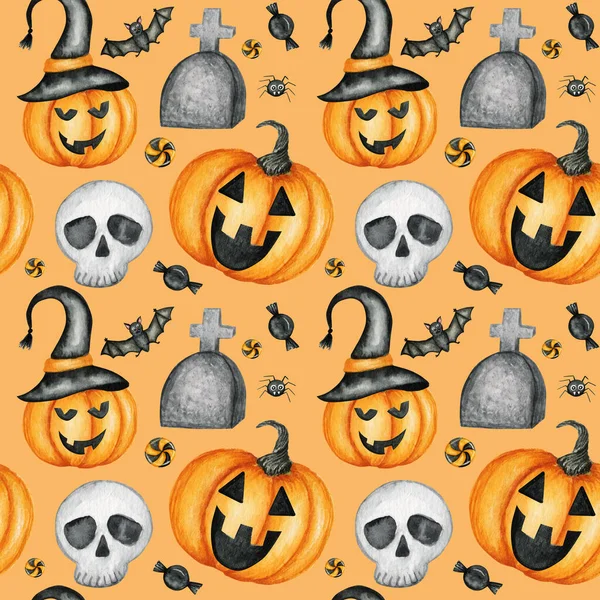 Happy Halloween seamless pattern with Jack O Lantern Pumpkins, skull, bat, spider holiday party decorations. Акварель Мультфильм фоновая иллюстрация. Жуткая бумага для Хэллоуинского кладбища. — стоковое фото