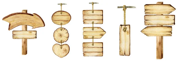 Waterverf Houten pijl bord op touwen, kettingen, pilaar leeg Blanco geïsoleerd. Vintage oude, retro Handbeschilderde houten spandoeken, planken, plank. Illustratie met ruimte voor tekst. Tekenen voor berichten — Stockfoto