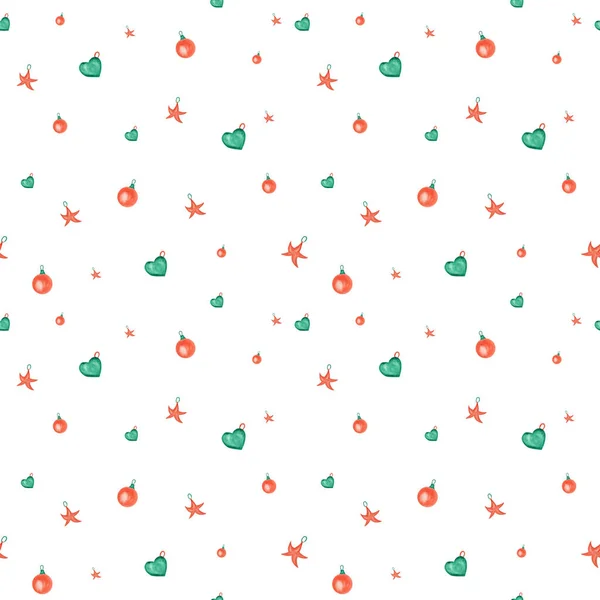Watercolor Christmas tree decoration Seamless pattern. Corall red and turquoise colors New Year Ball tar, Heart. Hand drawn Painted Illustration for scrapbook paper, fabric design on white background — Stock Photo, Image