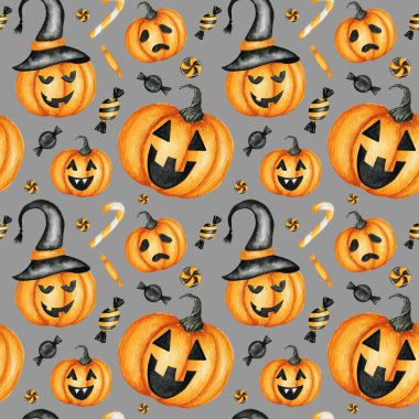Jack O Lantern balkabaklarıyla Cadılar Bayramı 'nız kutlu olsun. Şekerleme, tatil partisi süslemeleri. Suluboya çizgi film gri arkaplan çizimi. Cadılar Bayramı 'nın ürkütücü mezarlık albümü.