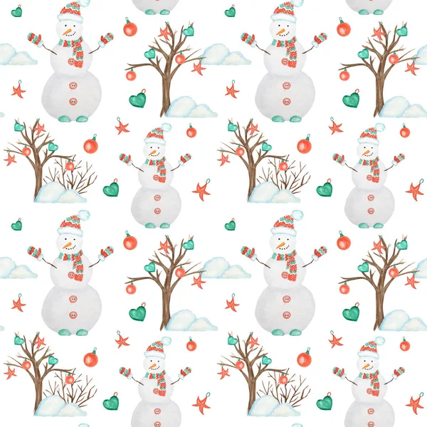 Новогодняя елка и акварель Snowman бесшовный узор на белом фоне. Ручной рисунок винтажной карты, тканевая бумага текстура дизайн. Акварель — стоковое фото