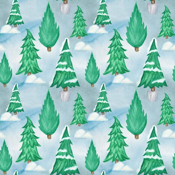 新年クリスマスツリー水彩シームレスなパターンの背景。手描きヴィンテージカード用イラスト、スクラップブックペーパー、ファブリックデザインの質感。水彩冬の自然イラスト — ストック写真