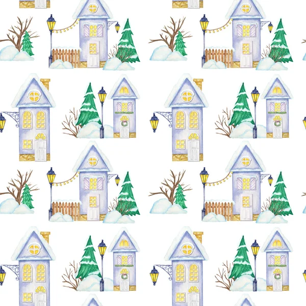 水彩画的圣诞冬季住宅无缝隙图案.有木门的房子，明亮的窗户，屋顶上的雪。卡片、剪贴簿纸、面料设计纹理的明亮的色彩背景 — 图库照片