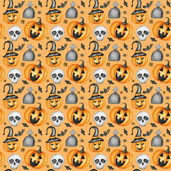 Happy Halloween seamless pattern with Jack O Lantern Pumpkins, skull, bat, spider holiday party decorations. Акварель Мультфильм фоновая иллюстрация. Жуткая бумага для Хэллоуинского кладбища. — стоковое фото