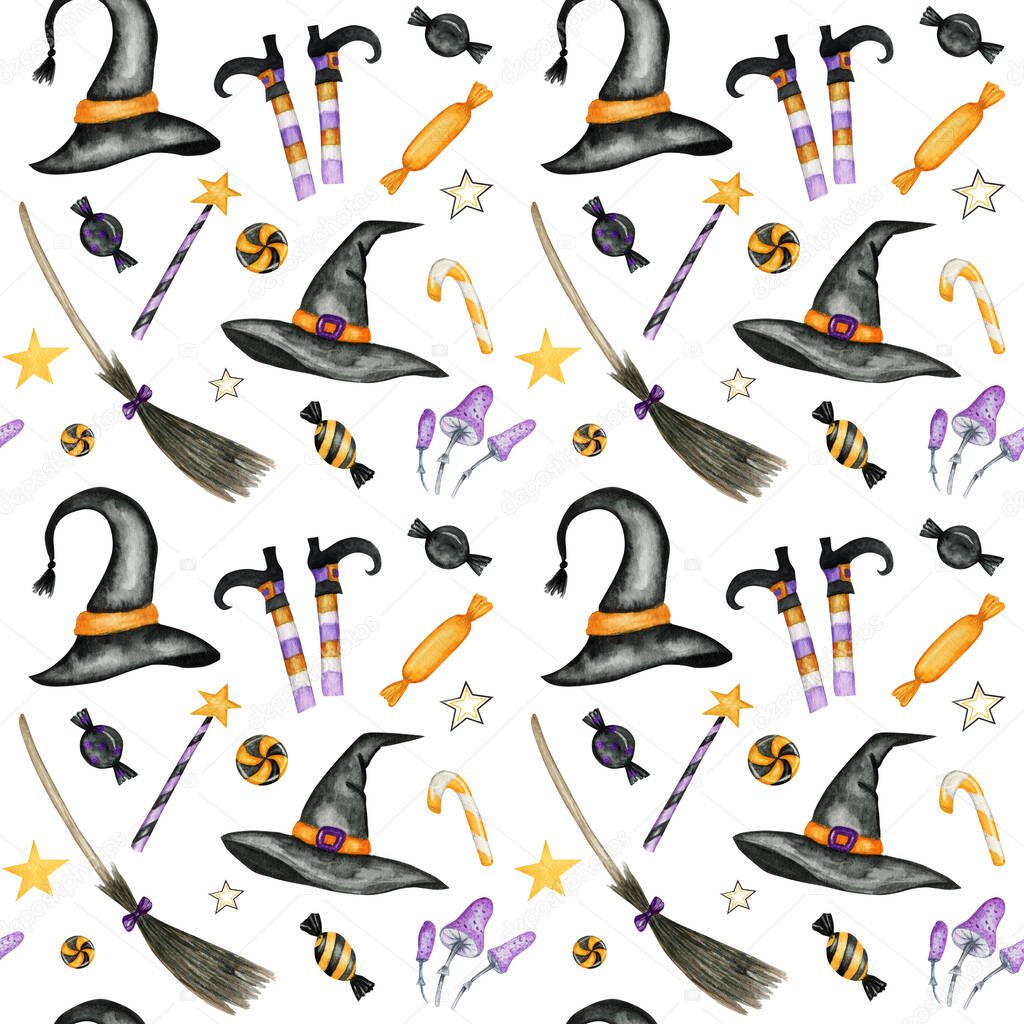 Happy Halloween seamless pattern with wich hat, broom, Magic wand, candy sweets party decorations. Watercolor Cartoon background illustration. Halloween spooky cemetery scrapbook paper.