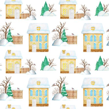 Suluboya Noel kışlık evleri pürüzsüz. Ahşap kapılı, parlak pencereli, çatıda kar olan çocuk çizgi romanları. Kart, albüm kağıdı, kumaş tasarımı dokusu için parlak renk arkaplanı