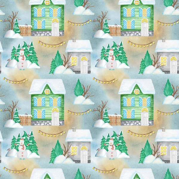 Casas de inverno de Natal aquarela padrão sem costura. Crianças cartoon House com porta de madeira, janelas luminosas, neve no telhado. Fundo de cores brilhantes para cartão, papel scrapbook, textura de design de tecido — Fotografia de Stock