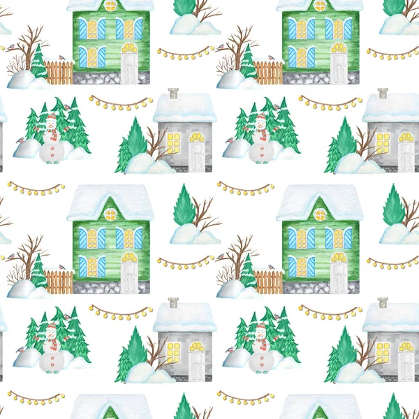 Casas de inverno de Natal aquarela padrão sem costura. Crianças cartoon House com porta de madeira, janelas luminosas, neve no telhado. Fundo de cores brilhantes para cartão, papel scrapbook, textura de design de tecido — Fotografia de Stock