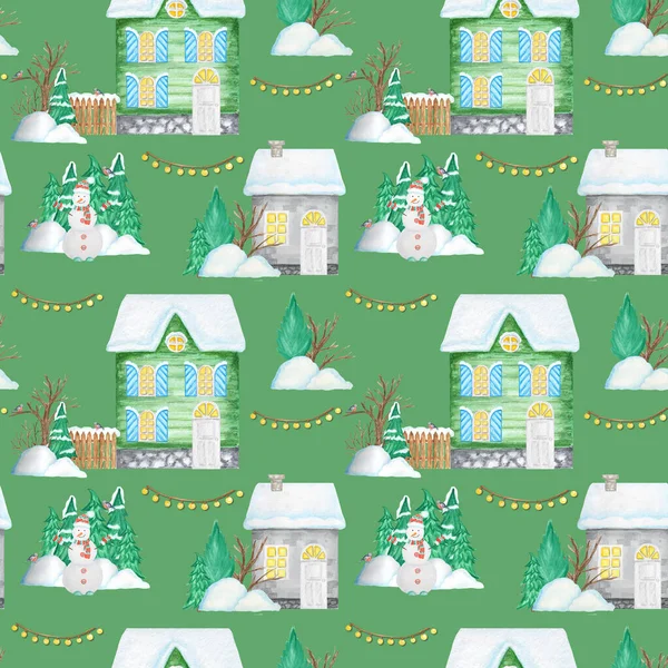 Casas de inverno de Natal aquarela padrão sem costura. Crianças cartoon House com porta de madeira, janelas luminosas, neve no telhado. Fundo de cores brilhantes para cartão, papel scrapbook, textura de design de tecido — Fotografia de Stock