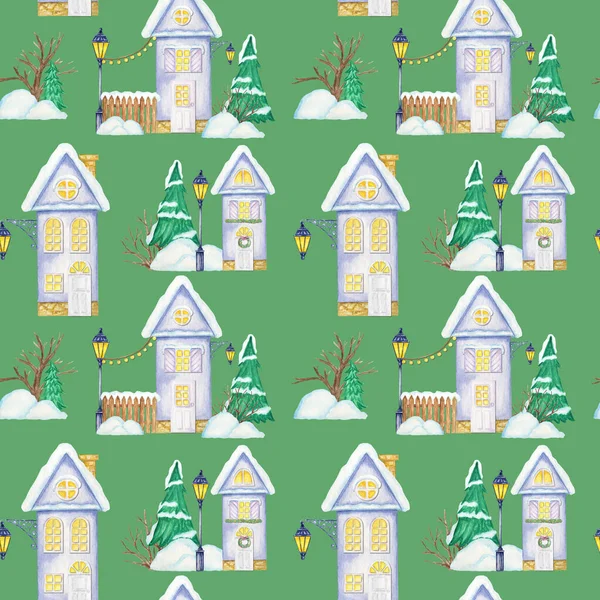 Watercolor Christmas winter houses Seamless pattern. House with wooden door, luminous windows, snow on the roof. Bright colors background for Card, scrapbook paper, fabric design texture — Stock Photo, Image