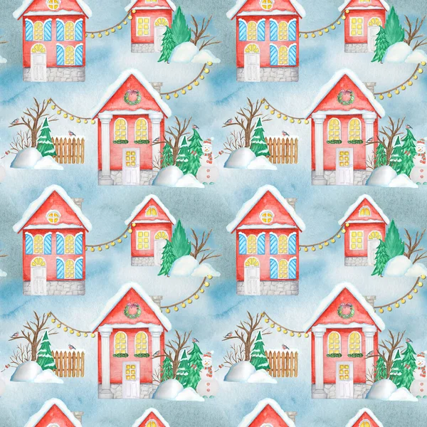 Акварель Рождество зимние дома Бесшовный узор. Дом с деревянной дверью, светящиеся окна, снег на крыше. Яркие цвета фона для карточки, скрапбук бумаги, ткань дизайн текстуры — стоковое фото