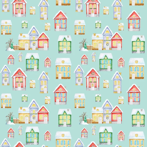 Watercolor Christmas winter houses Seamless pattern. Kids cartoon House with wooden door, luminous windows, snow on the roof. Bright colors background for Card, scrapbook paper, fabric design texture — Stock Photo, Image