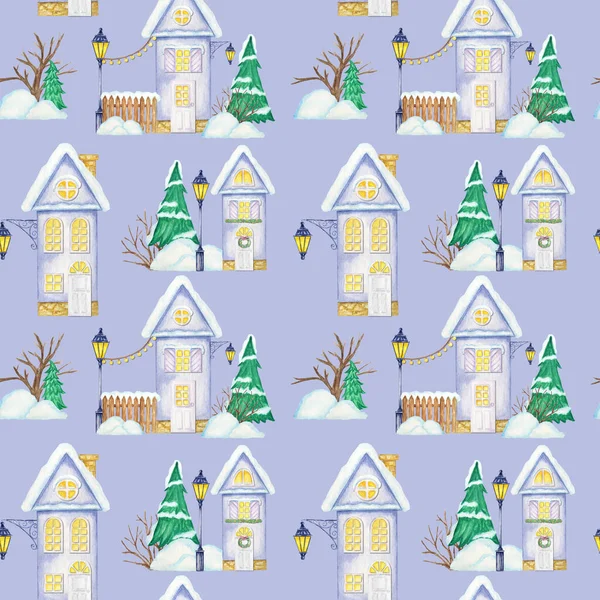 Watercolor Christmas winter houses Seamless pattern. House with wooden door, luminous windows, snow on the roof. Bright colors background for Card, scrapbook paper, fabric design texture — Stock Photo, Image