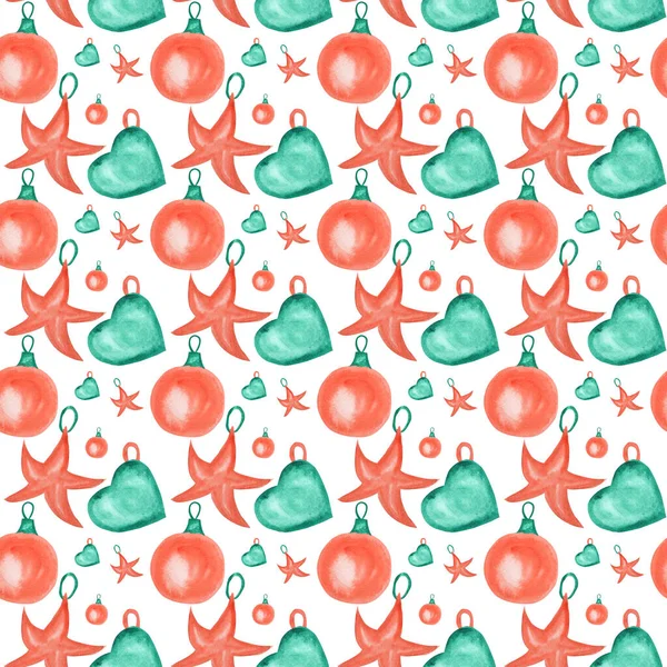 Aquarela árvore de Natal decoração padrão sem costura. Corall vermelho e turquesa cores Alcatrão de bola de ano novo, coração. Ilustração pintada desenhada à mão para papel scrapbook, design de tecido em fundo branco — Fotografia de Stock