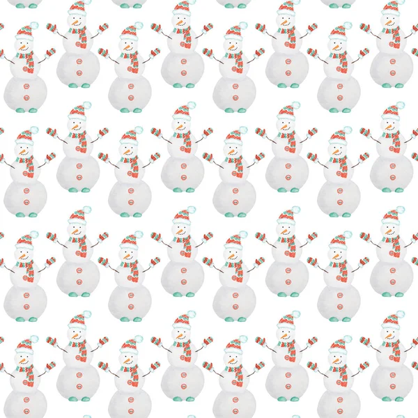 Nieuwjaar Kerstboom en Sneeuwman aquarel Naadloos patroon op witte achtergrond. Handgetekende vintage kaart, stof papier textuur ontwerp. Aquarel Winter natuur illustratie — Stockfoto
