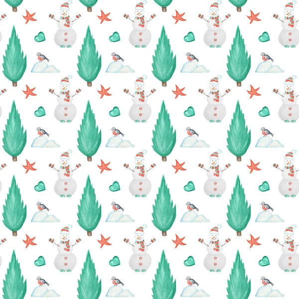 新年クリスマスツリーと雪だるま水彩白を背景にシームレスなパターン。手描きのヴィンテージカード、生地紙のテクスチャデザイン。水彩冬の自然イラスト — ストック写真