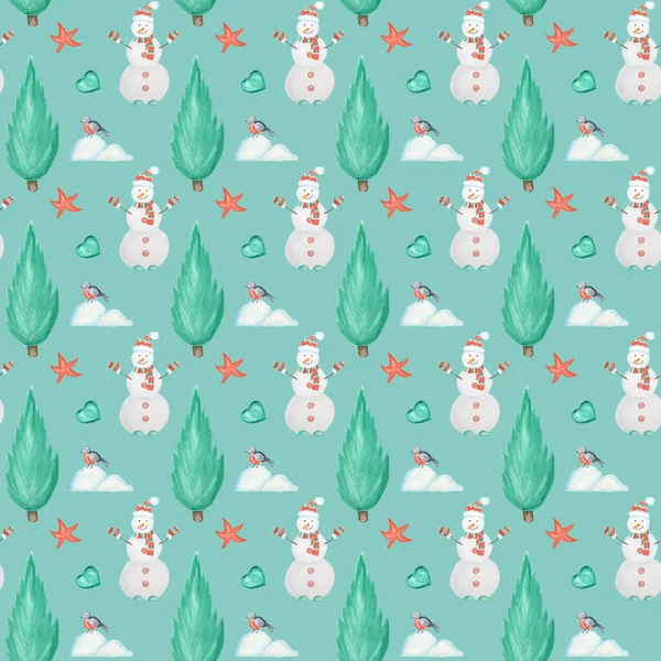 Новогодняя елка и акварель Снеговика на мятно-зеленом фоне. Ручной рисунок винтажной карты, тканевая бумага текстура дизайн. Акварель. — стоковое фото
