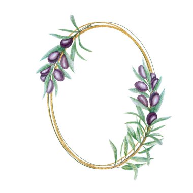 Suluboya siyah zeytin çelengi, zeytin dallı altın çerçeve beyaz arka planda El boyalı illüstrasyon, düğün davetiyeleri için izole sınır tasarımı, tebrik kartı, poster, etiket konsepti.