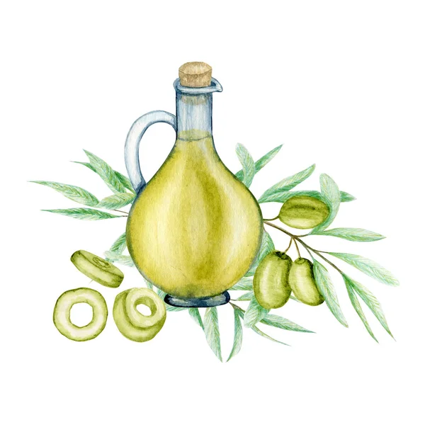Óleo de oliva aquarela Garrafa de vidro e azeitonas ramo logo composuition isolado em um fundo branco. Azeitonas verdes premium ilustração óleo virgem — Fotografia de Stock