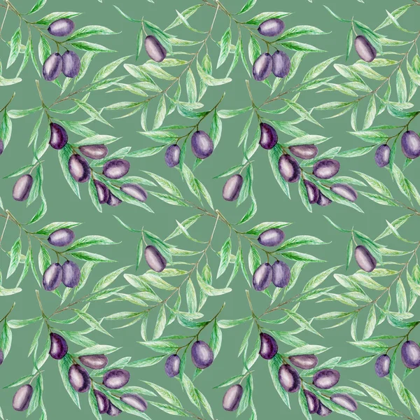 Greenery padrão sem costura aquarela preto oliveira ramo folhas, azeitonas realistas ilustração no fundo verde, textura de tecido pintado à mão. — Fotografia de Stock