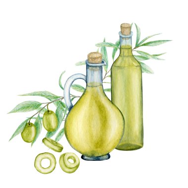 Suluboya zeytin yağı şişesi ve beyaz arka planda izole edilmiş zeytin dalı logosu. Yeşil zeytin primi bakire yağı çizimi