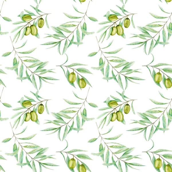 Безшовний візерунок Акварель зелене листя гілки оливкового дерева, реалістична ілюстрація оливок на білому тлі, текстура ручної пофарбованої тканини. Дизайн для запрошень, плакатів, вітальних листівок, концепції етикетки — стокове фото