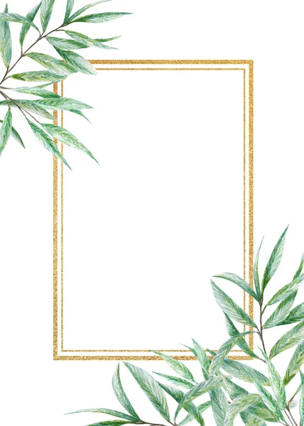 그린 워터 컬러는 금색 프레임, 흰색 배경에 대한 리얼리즘 올리브 나무 삽화, 핸드 페인팅 결혼 초대장을 남긴다. 포스터를 위한 테두리 디자인, 인사 카드, 라벨 컨셉. — 스톡 사진