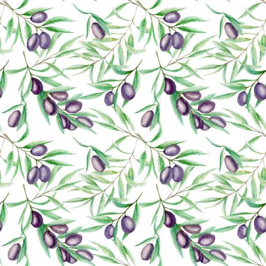 Kusursuz desenli suluboya siyah zeytin dalı yaprakları, beyaz arka planda gerçekçi zeytin çizimleri, el boyalı kumaş dokusu. Davetiyeler için tasarım, poster, tebrik kartı, etiket konsepti