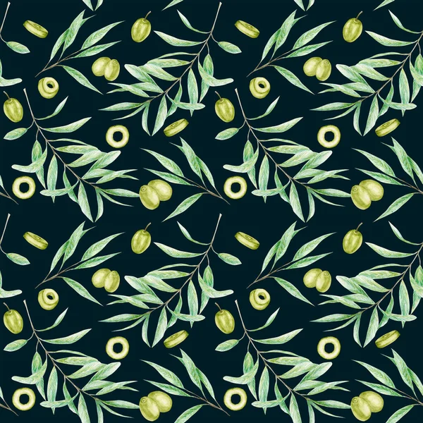 Seamless pattern Watercolor green olive tree branch leaves, Realistic olives illustration on green background, Hand painted fabric texture. Design for invitations, poster, greeting card, label concept