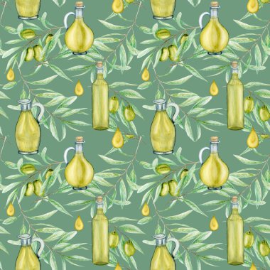 Kusursuz desenli suluboya yeşil zeytin dalı yaprakları ve yeşil arka planda yağlı cam şişe. Yeşil zeytinler. Bakire yağı çizimi. Elle boyanmış kumaş dokusu.