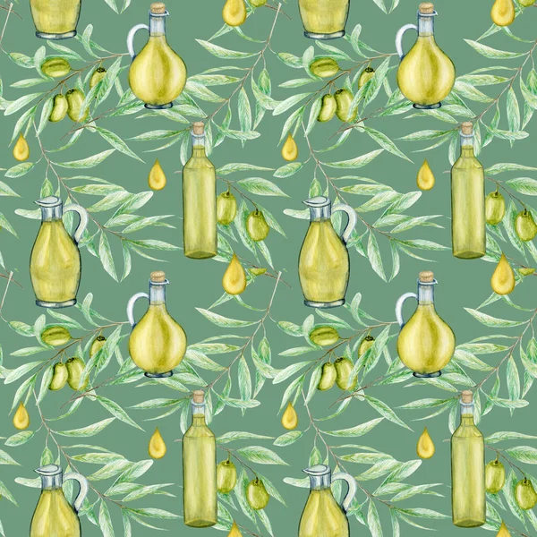 Patrón sin costuras Acuarela verde oliva rama hojas y aceite Botella de vidrio sobre un fondo verde. Aceite virgen premium de aceitunas verdes ilustración. Textura de tejido pintado a mano. — Foto de Stock