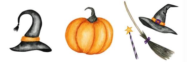 Halloween-Kürbis, Hexenhut, Besen, Zauberstab-Set. Aquarell schwarze Zaubererkostümkappe mit orangefarbenem Gürtel. Symbol der Halloween-Party Isolierte Abbildung auf weißem Hintergrund — Stockfoto