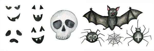 Toile d'araignée Halloween, Vampire chauve-souris volant et araignées, citrouilles sculptées silhouettes visages, crâne humain isolé aquarelle illustration pour Joyeux Halloween carte de souhaits, affiche, bannière. — Photo